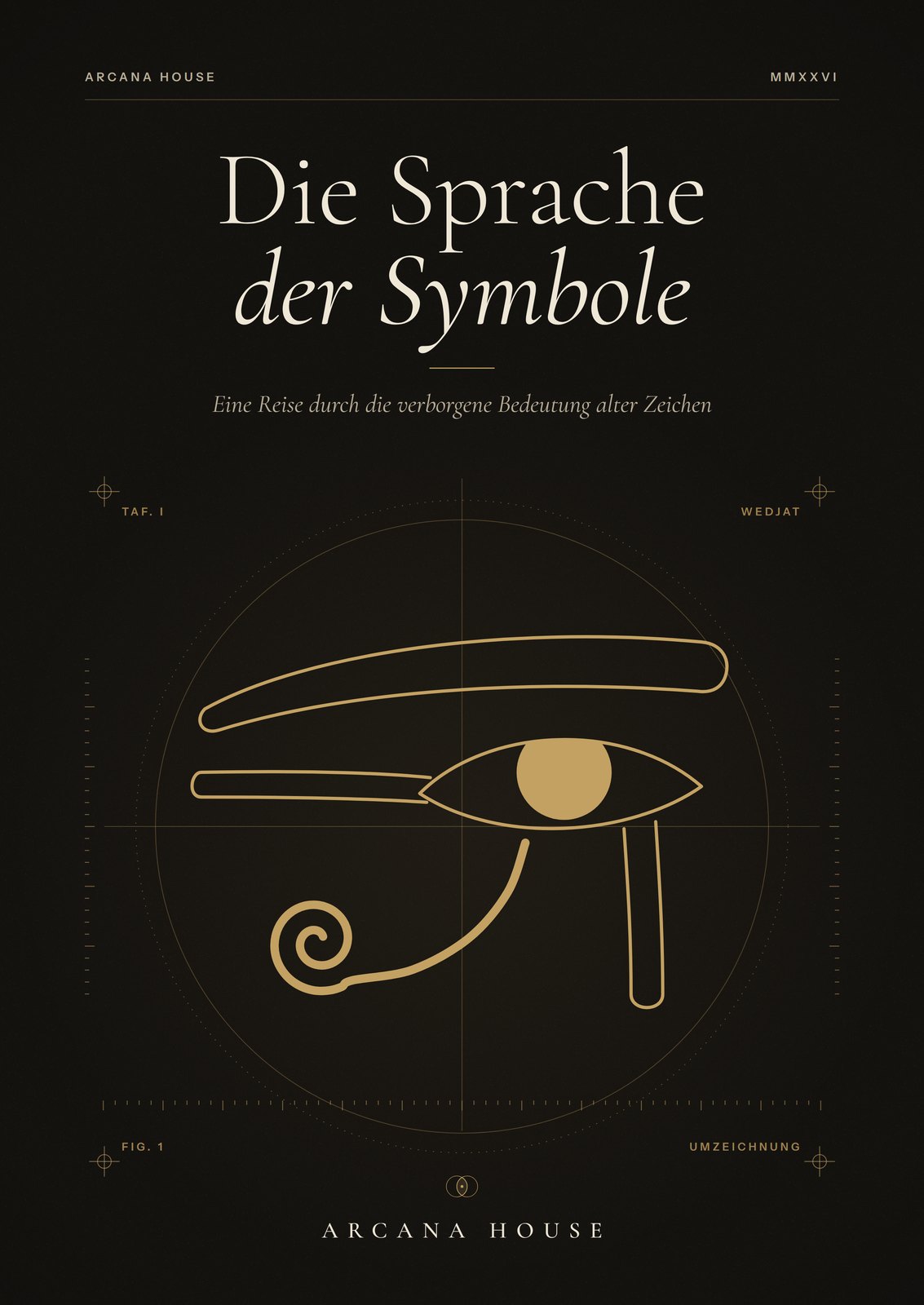 Originalcover von Die Sprache der Symbole: goldenes Wedjat-Auge auf schwarzem Grund, ARCANA HOUSE